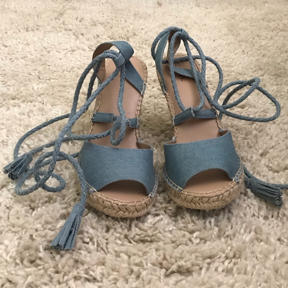 Merona denim wrap up wedges